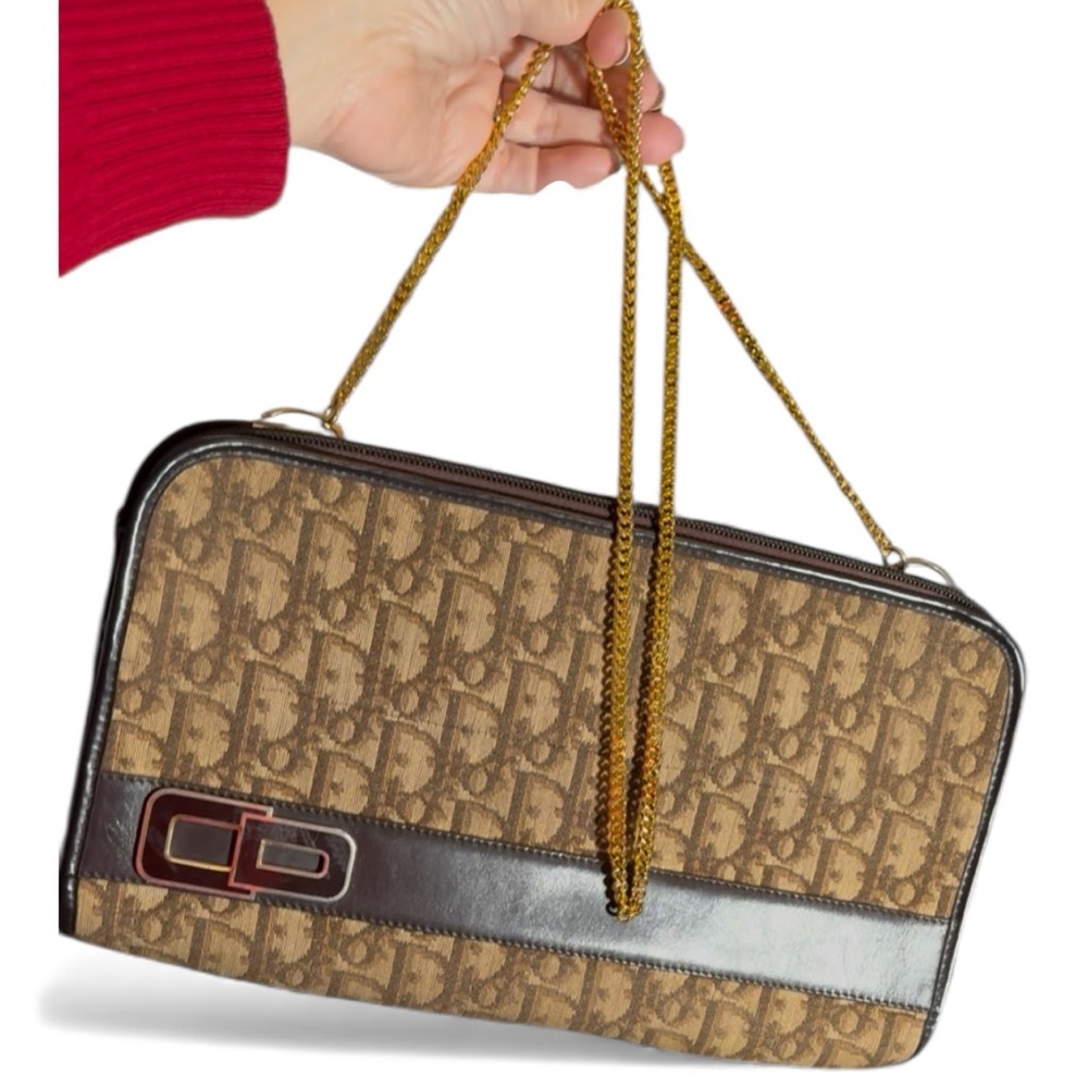 Christian Dior Vintage Oblique Logo Shoulder Bag – Brown Canvas – Chain Strap